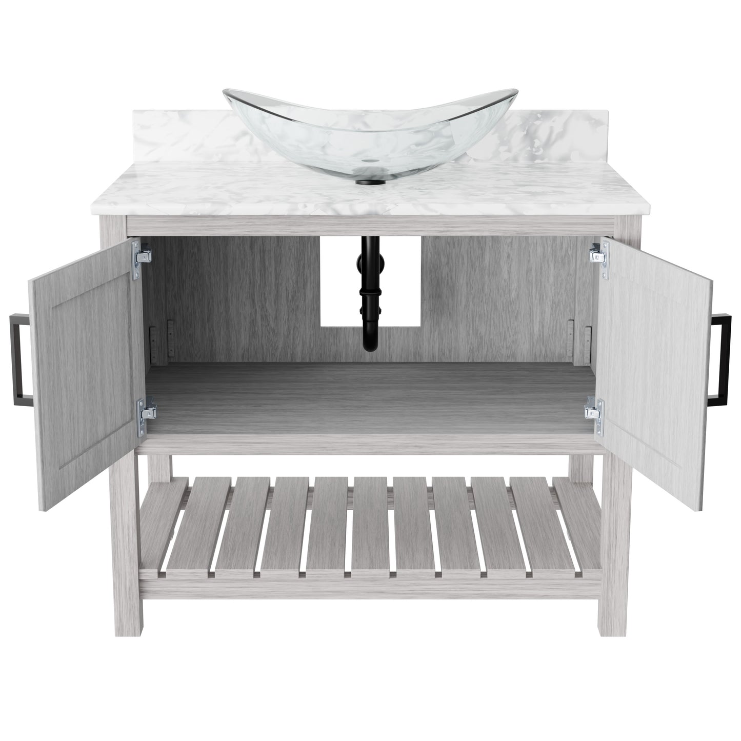 Novatto 36-inch bathroom vanity with Carrara White marble counter and sink, modern accessory for stylish bathroom decor.