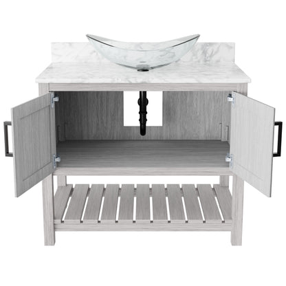 Novatto 36-inch bathroom vanity with Carrara White marble counter and sink, modern accessory for stylish bathroom decor.