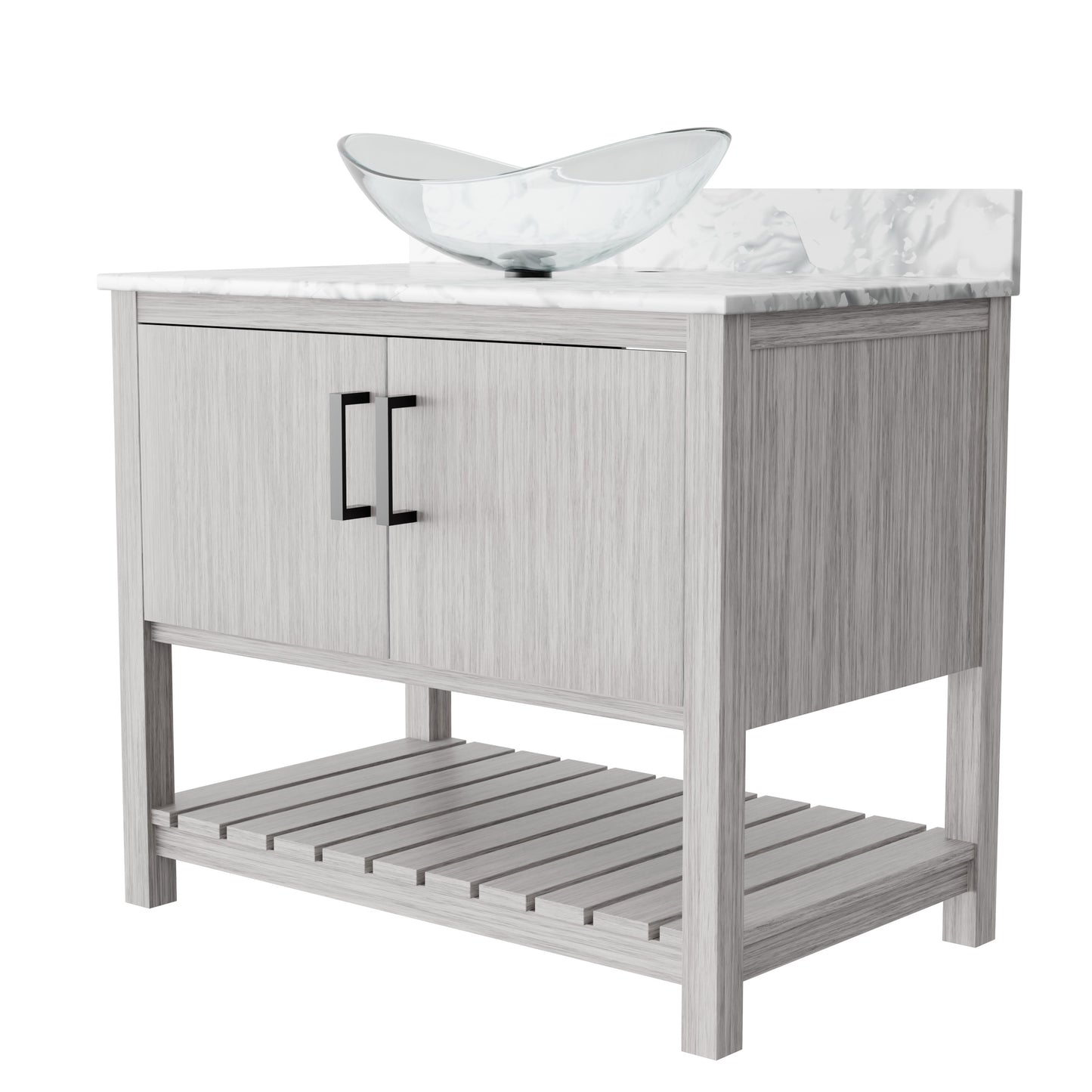 36-inch Novatto bath vanity with Carrara white marble counter and sink, showcasing sleek bathroom accessory design.