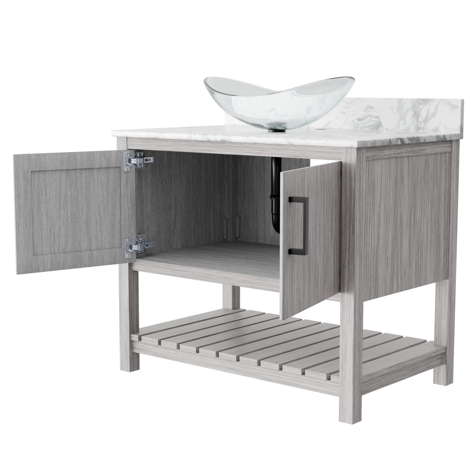 Novatto 36-inch bath vanity with Carrara white marble counter and integrated sink, showcasing sleek bathroom accessory design.