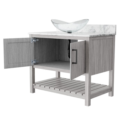 Novatto 36-inch bath vanity with Carrara white marble counter and integrated sink, showcasing sleek bathroom accessory design.