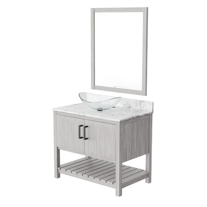 Novatto 36-inch bath vanity with Carrara white marble countertop and integrated sink, modern bathroom accessory design