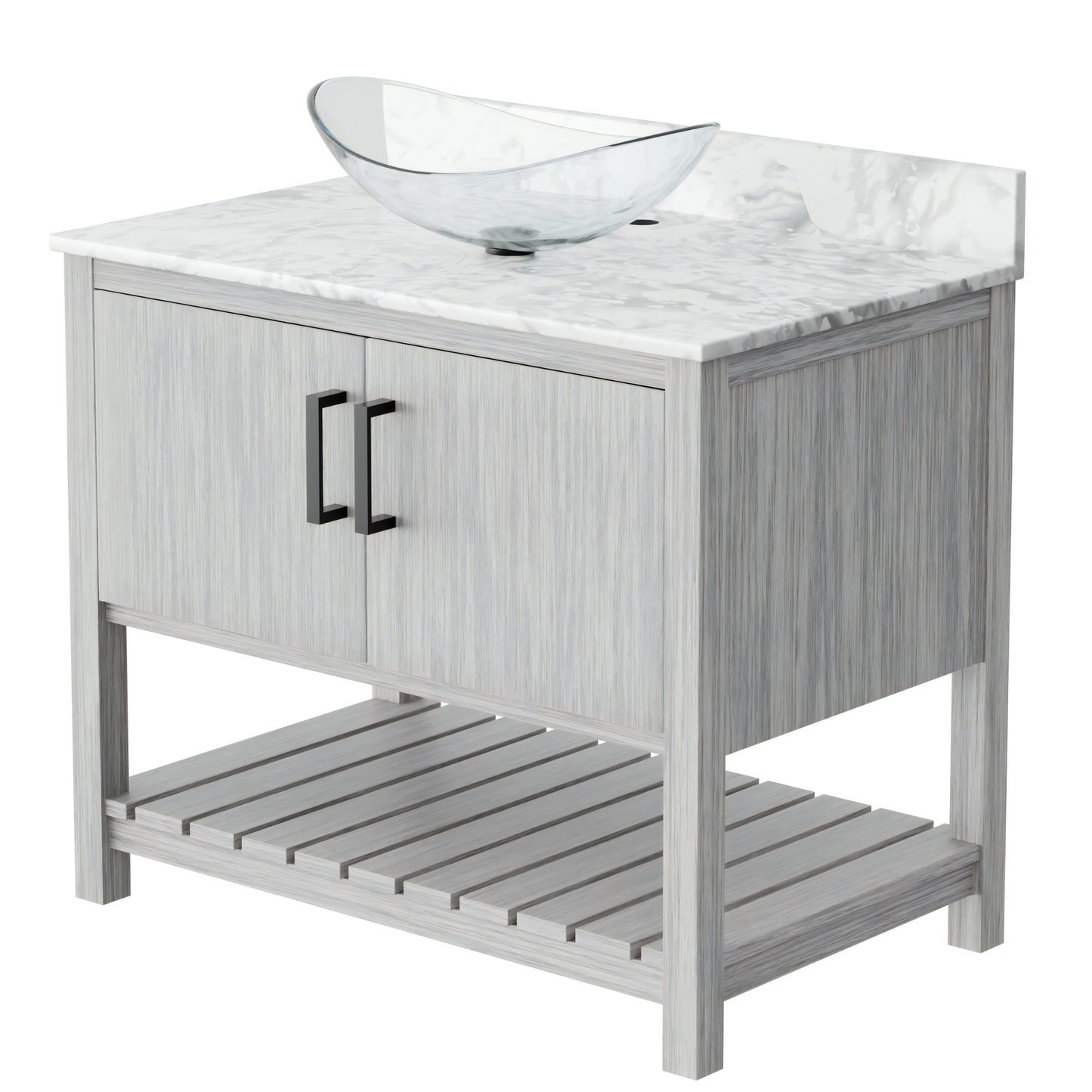 36-inch Novatto bath vanity with Carrara white marble countertop and integrated sink, stylish bathroom accessory.