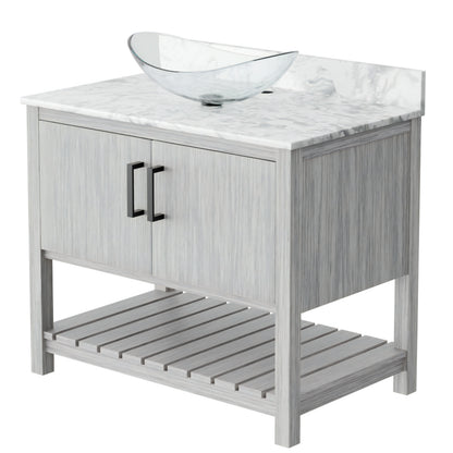 36-inch Novatto bath vanity with Carrara white marble countertop and integrated sink, stylish bathroom accessory.