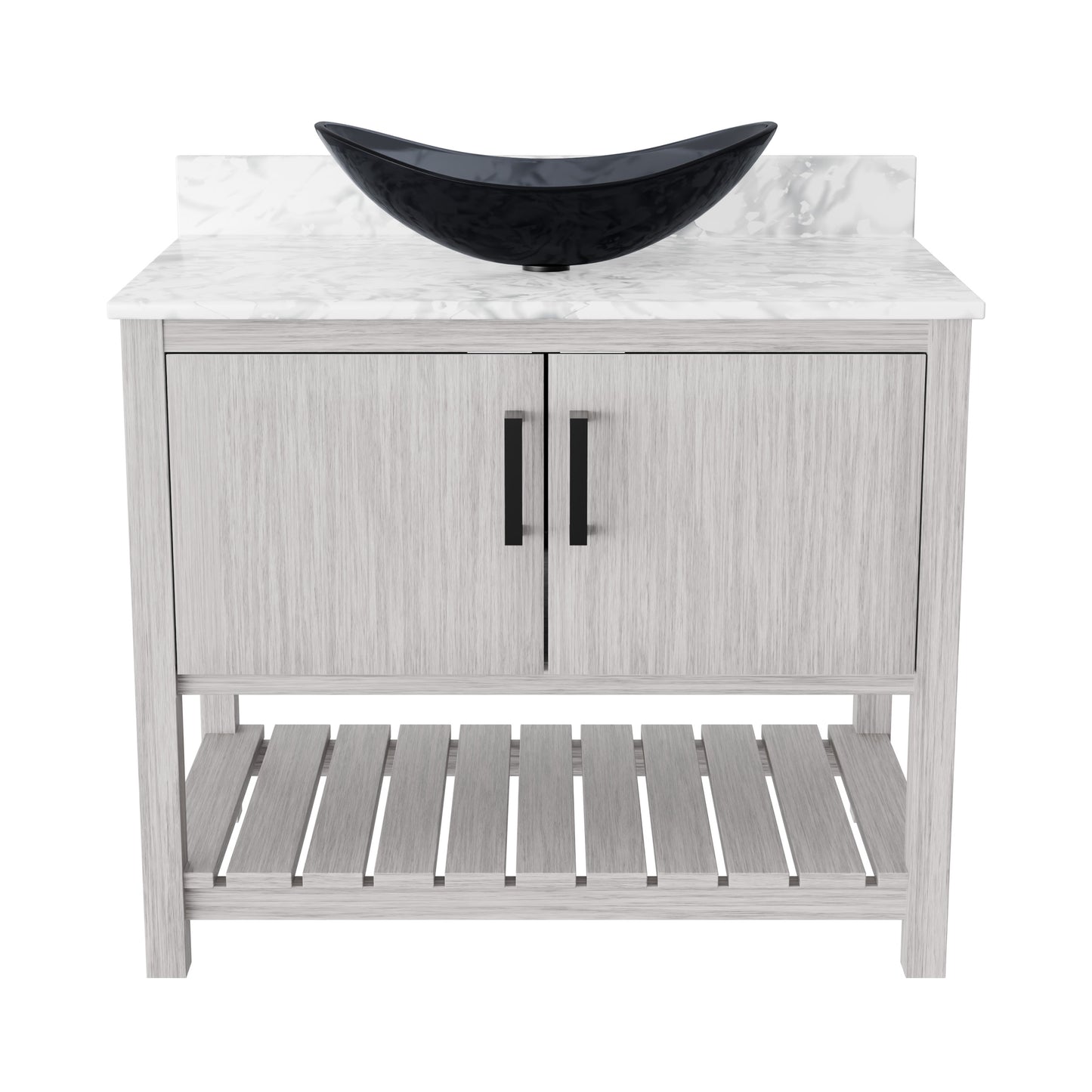 Novatto 36-inch bathroom vanity with Carrara White marble counter and sink, featuring a modern design and durable wood finish.