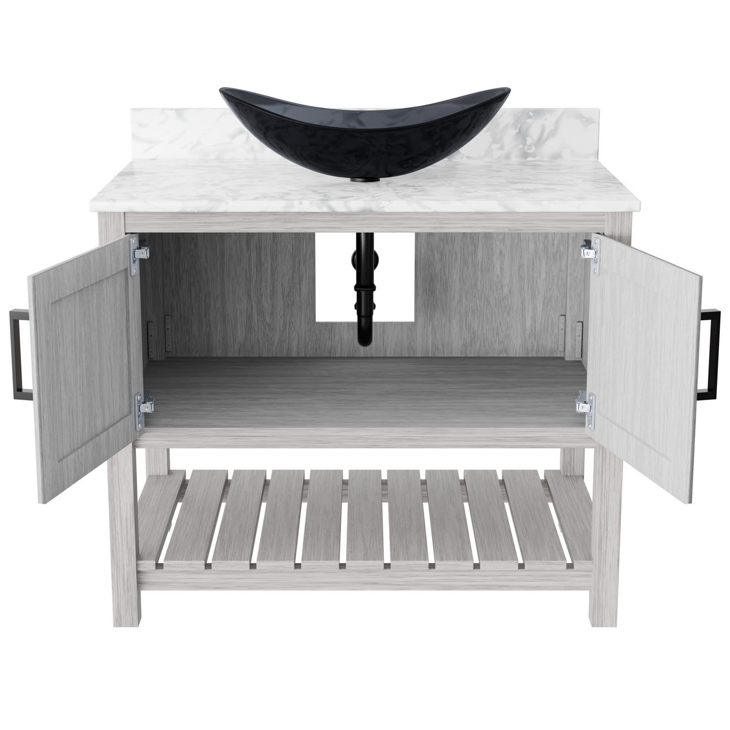 36-inch Novatto bath vanity with Carrara white marble countertop and sink, featuring a modern accessory design.