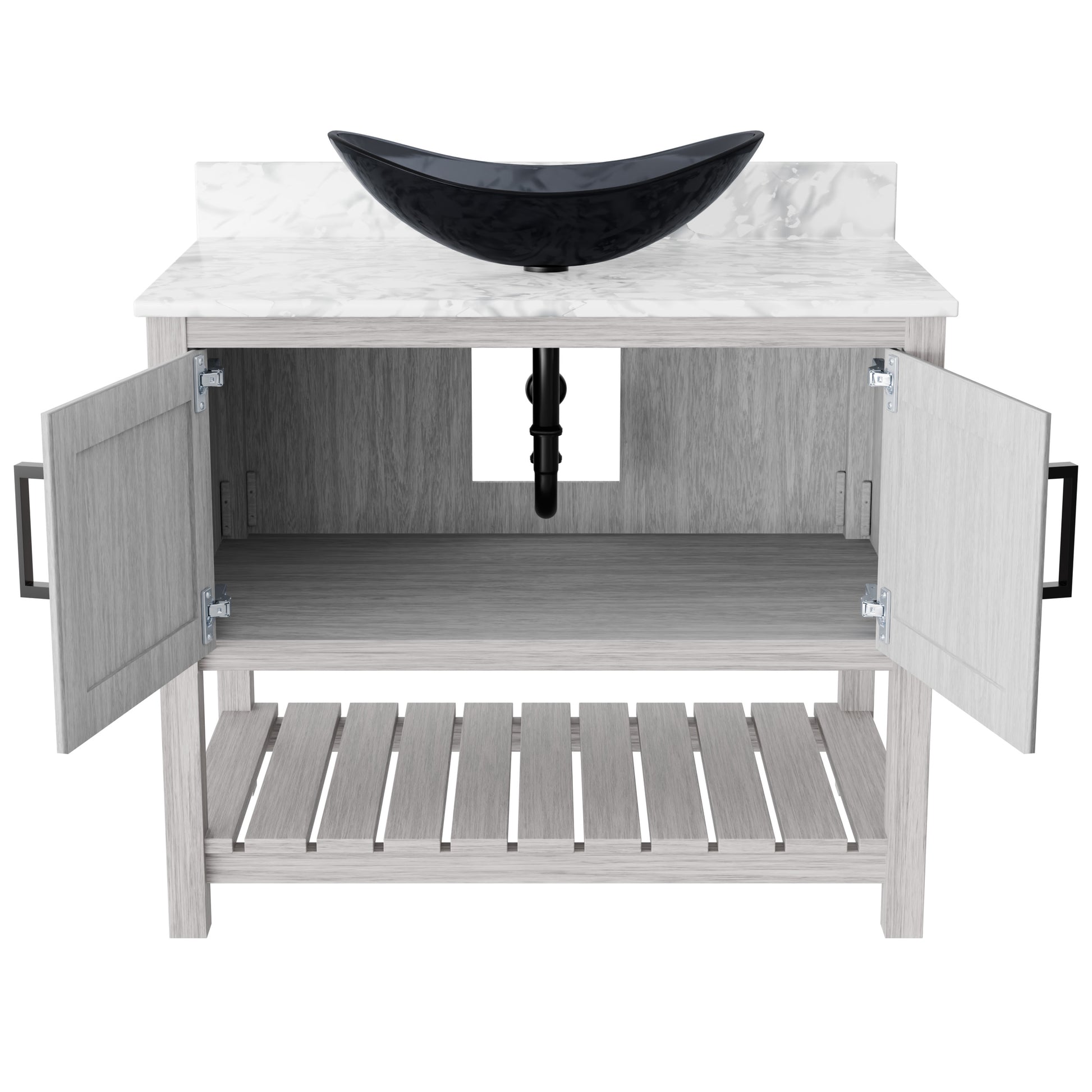 36-inch Novatto bath vanity with Carrara white marble countertop and sink, featuring a modern accessory design.