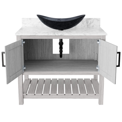 36-inch Novatto bath vanity with Carrara white marble countertop and sink, featuring a modern accessory design.