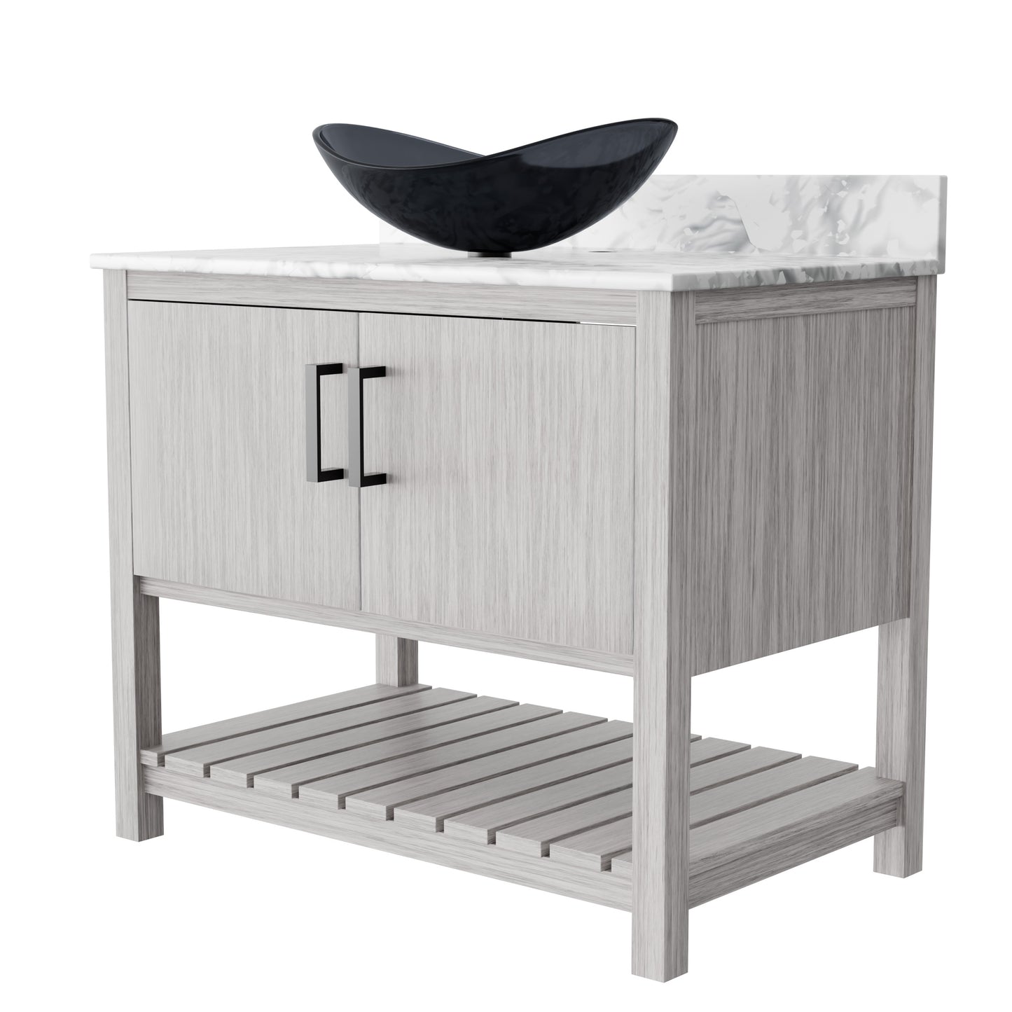 Novatto 36-inch bath vanity with Carrara white marble counter and integrated sink, modern bathroom accessory with elegant design.