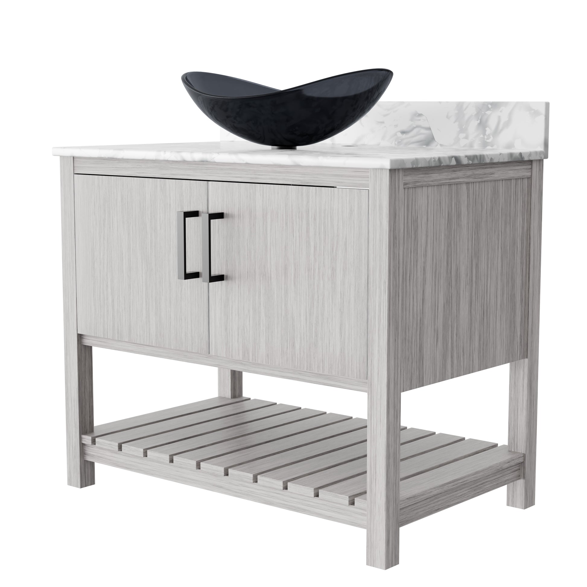 Novatto 36-inch bath vanity with Carrara white marble counter and integrated sink, modern bathroom accessory with elegant design.