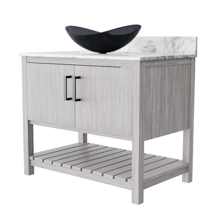 Novatto 36-inch bath vanity with Carrara white marble counter and integrated sink, modern bathroom accessory with elegant design.