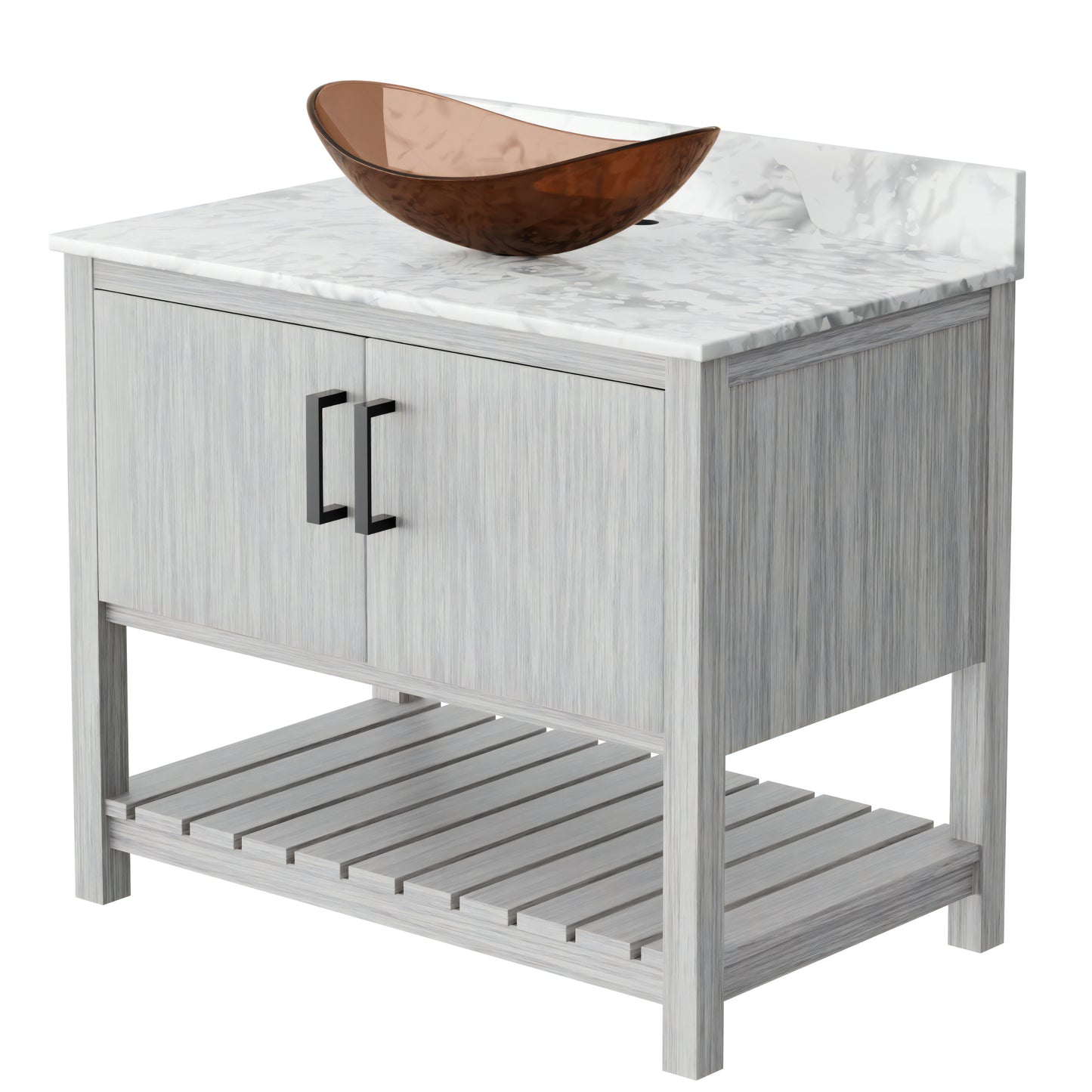 Novatto 36-inch bath vanity with Carrara white marble counter and integrated sink, modern bathroom accessory.