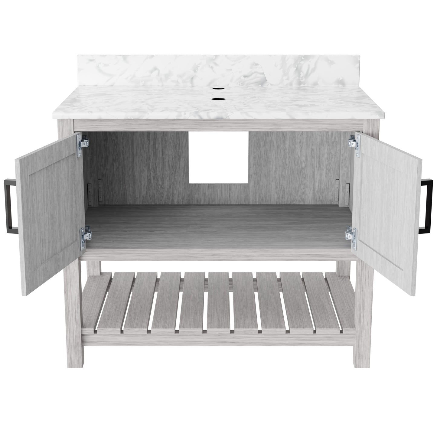 36-inch Novatto vanity with Carrara white marble countertop, modern bathroom accessory with sleek design and natural stone surface.