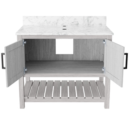 36-inch Novatto vanity with Carrara white marble countertop, modern bathroom accessory with sleek design and natural stone surface.