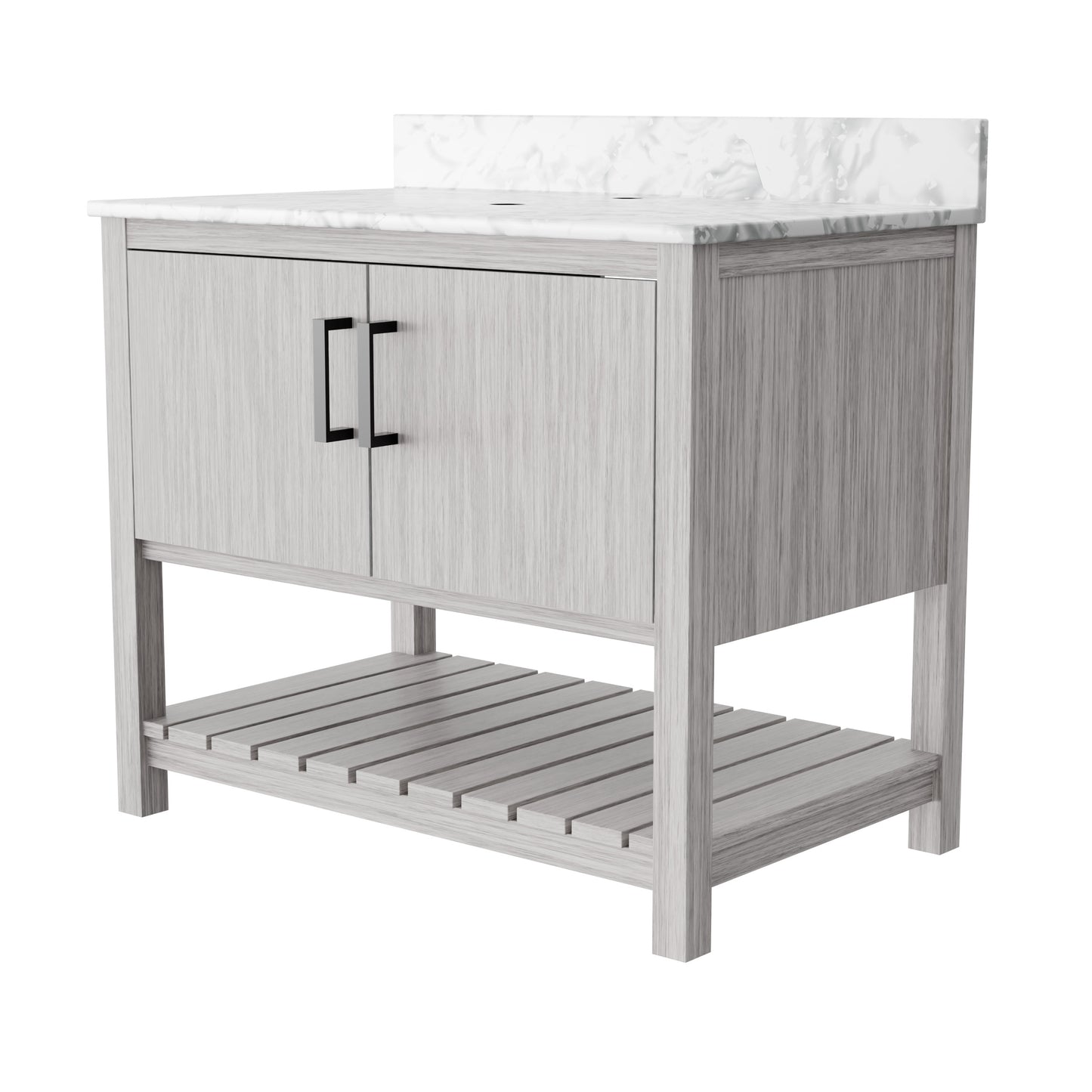 36-inch Novatto vanity with Carrara white marble countertop, showcasing sleek design and elegant surface detail.