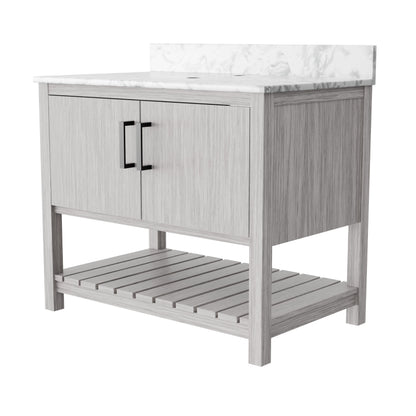 36-inch Novatto vanity with Carrara white marble countertop, showcasing sleek design and elegant surface detail.