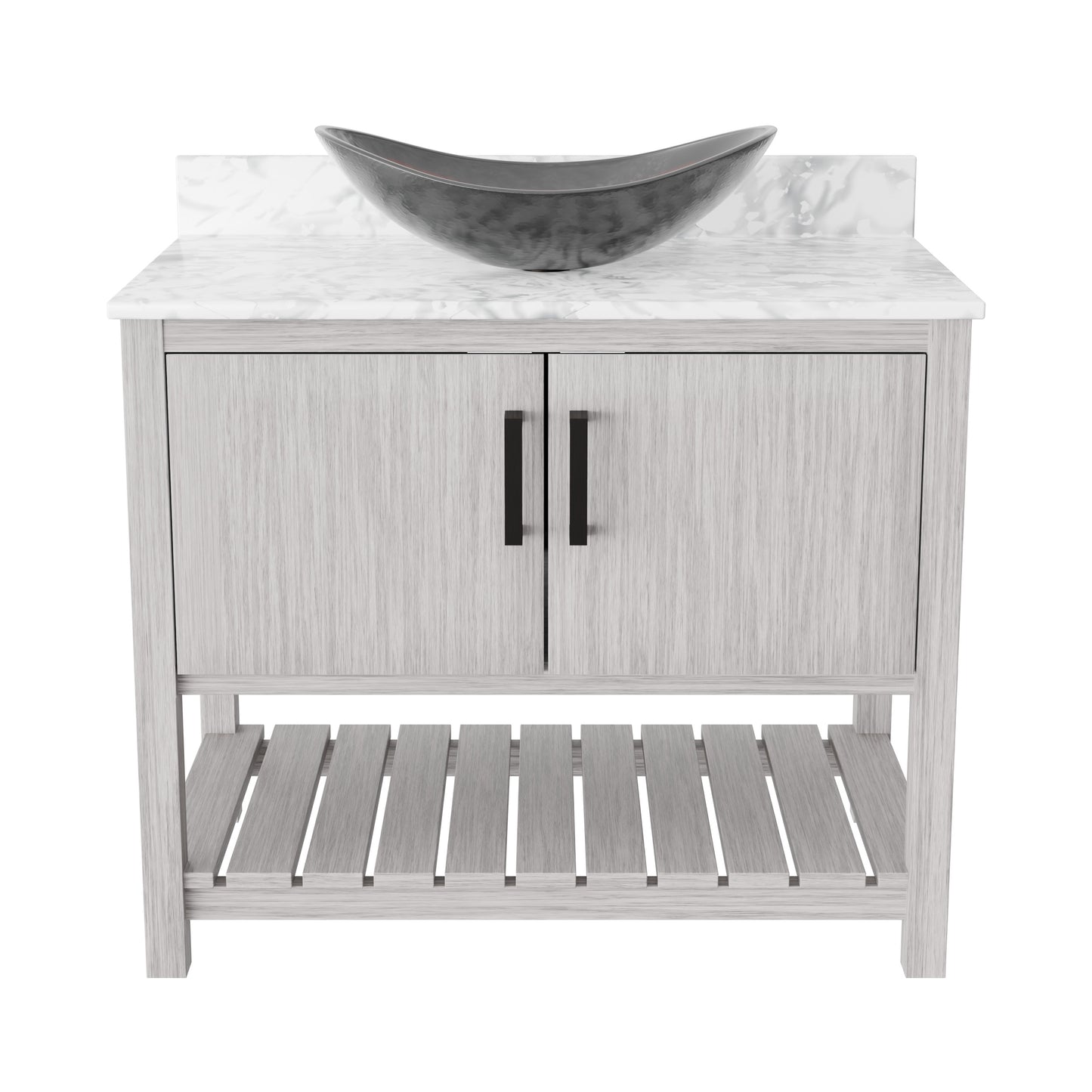 Novatto 36-inch bathroom vanity with Carrara white marble countertop and sink, modern bathroom accessory with sleek design.