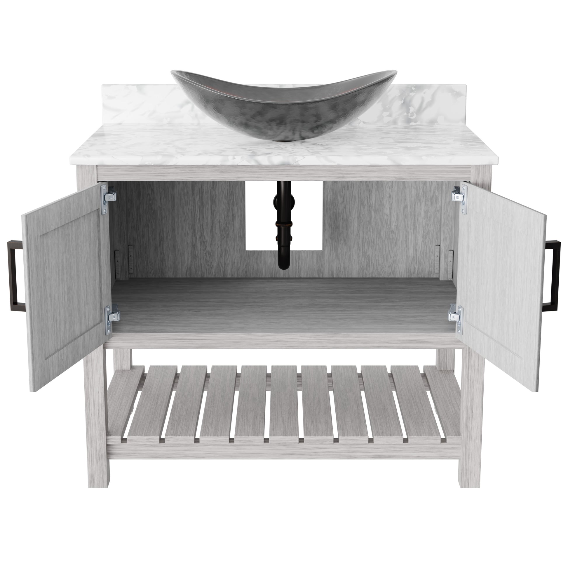 Decorative 36-inch Novatto bath vanity with Carrara White marble counter and sink, showcasing elegant bathroom accessory design.