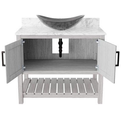 Decorative 36-inch Novatto bath vanity with Carrara White marble counter and sink, showcasing elegant bathroom accessory design.