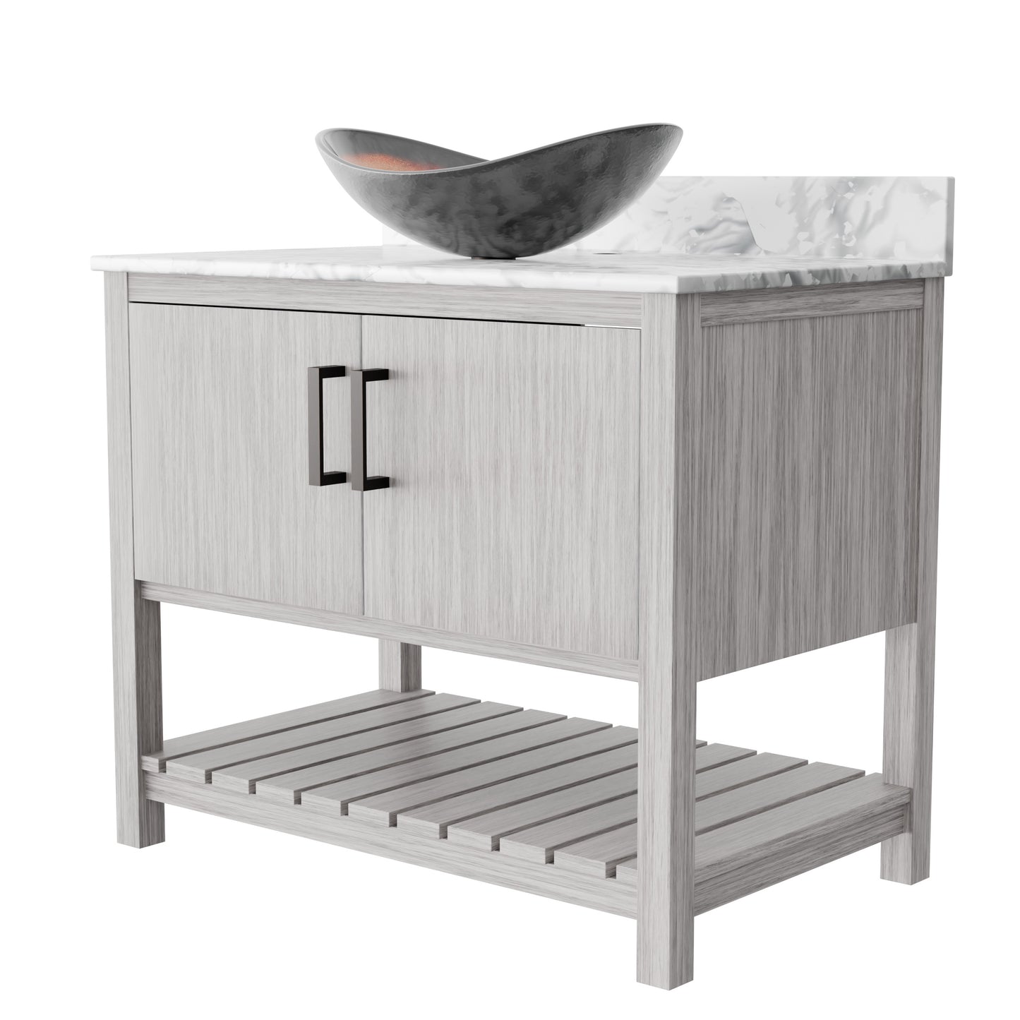 36-inch Novatto bath vanity with Carrara white marble countertop and integrated sink, showcasing elegant bathroom accessory design.