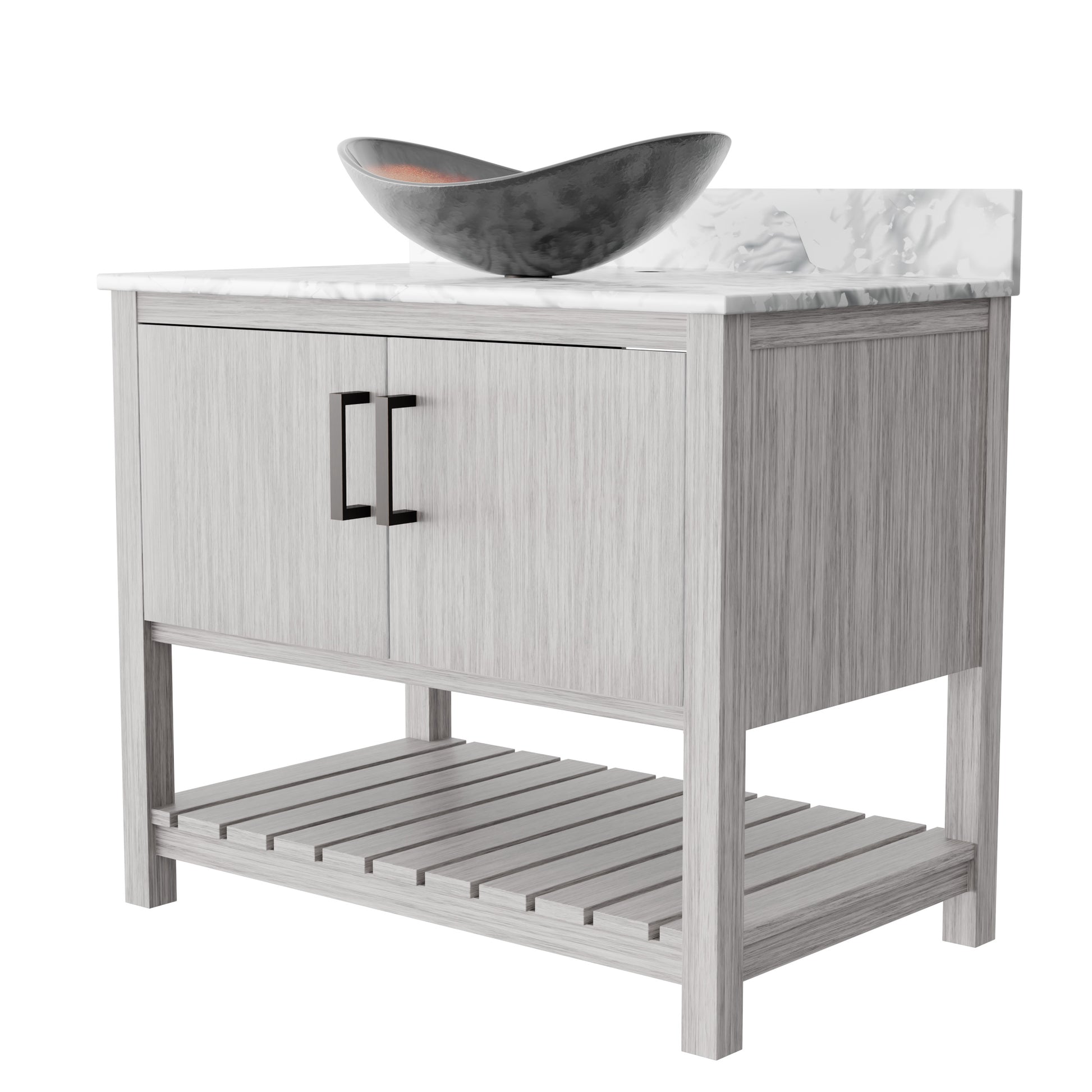 36-inch Novatto bath vanity with Carrara white marble countertop and integrated sink, showcasing elegant bathroom accessory design.