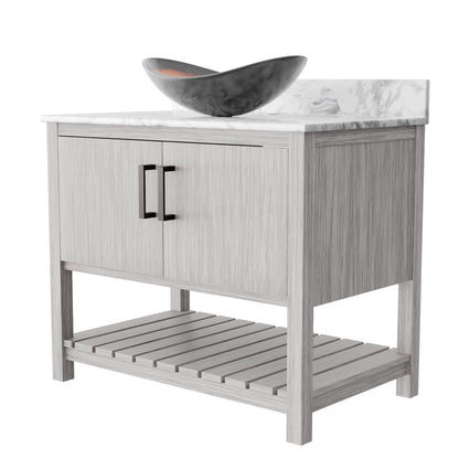 36-inch Novatto bath vanity with Carrara white marble countertop and integrated sink, showcasing elegant bathroom accessory design.