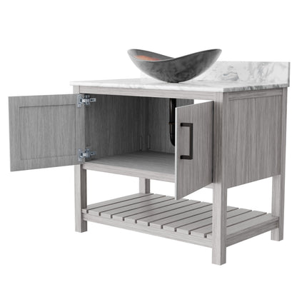 Novatto 36-inch bath vanity with Carrara white marble countertop and integrated sink, modern bathroom accessory.