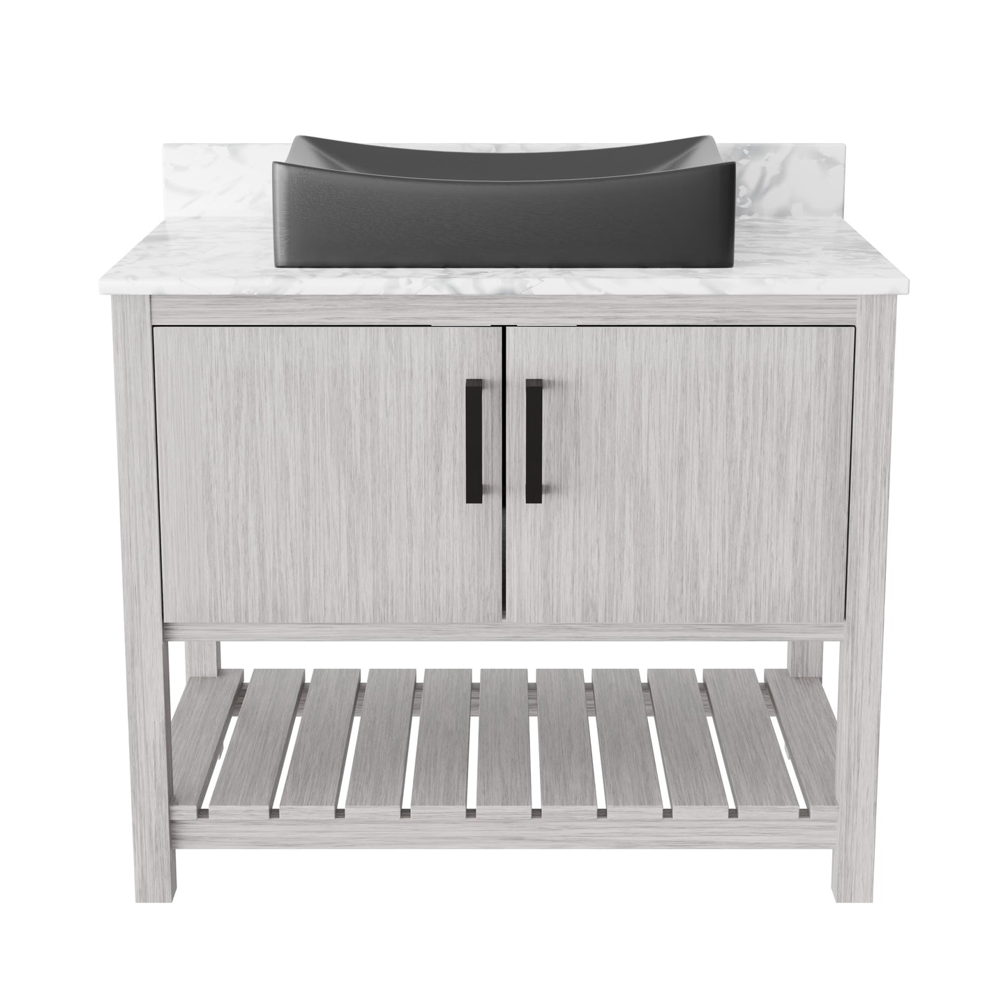 36-inch Novatto bath vanity with Carrara white marble counter and sink, showcasing elegant bathroom accessory design.