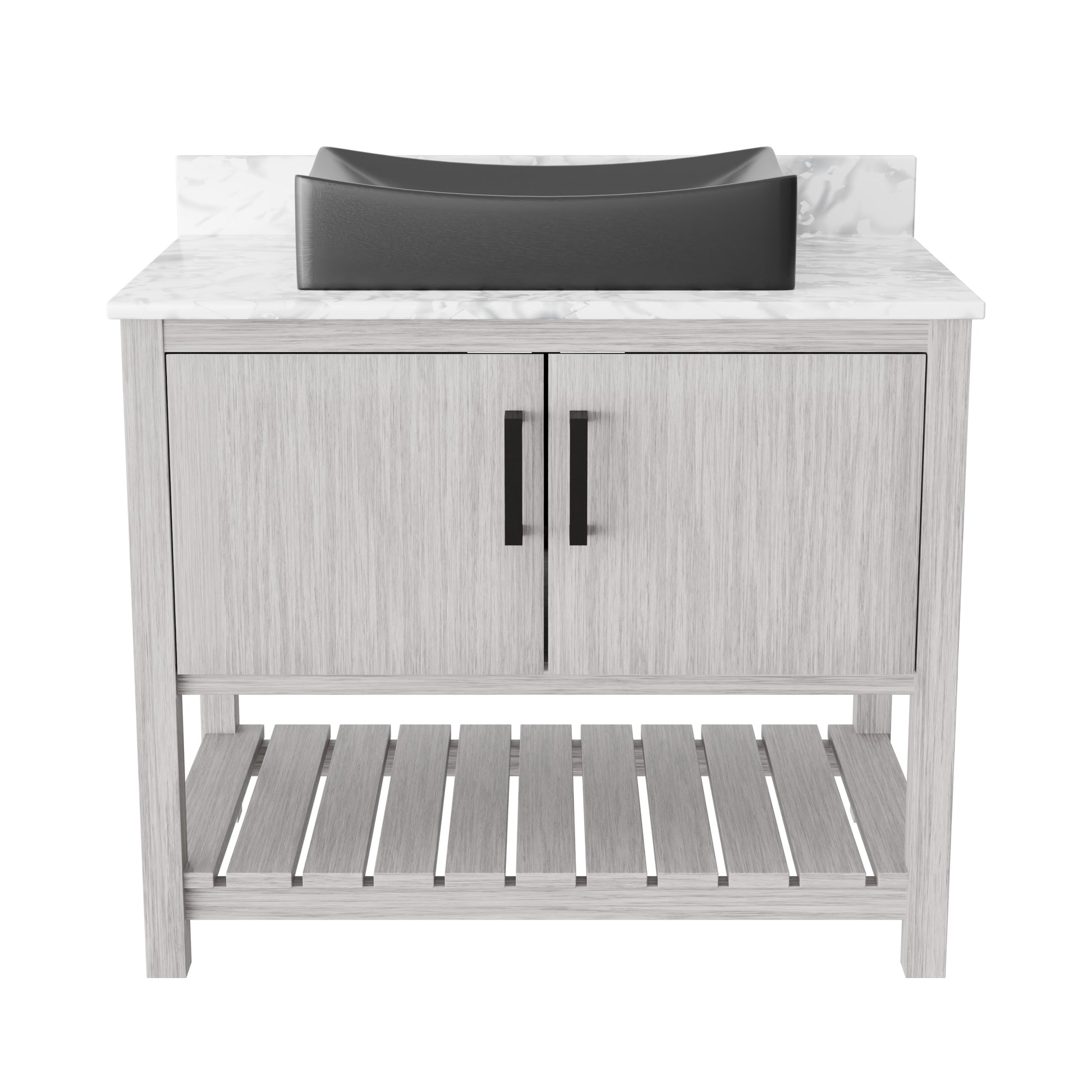 36-inch Novatto bath vanity with Carrara white marble counter and sink, showcasing elegant bathroom accessory design.
