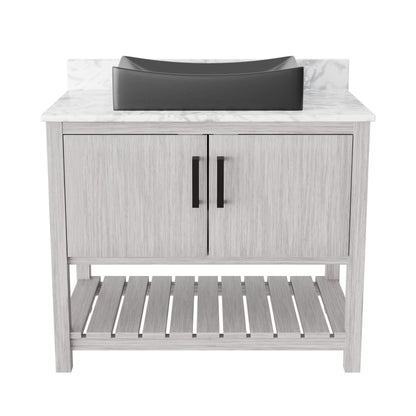 36-inch Novatto bath vanity with Carrara white marble counter and sink, showcasing elegant bathroom accessory design.