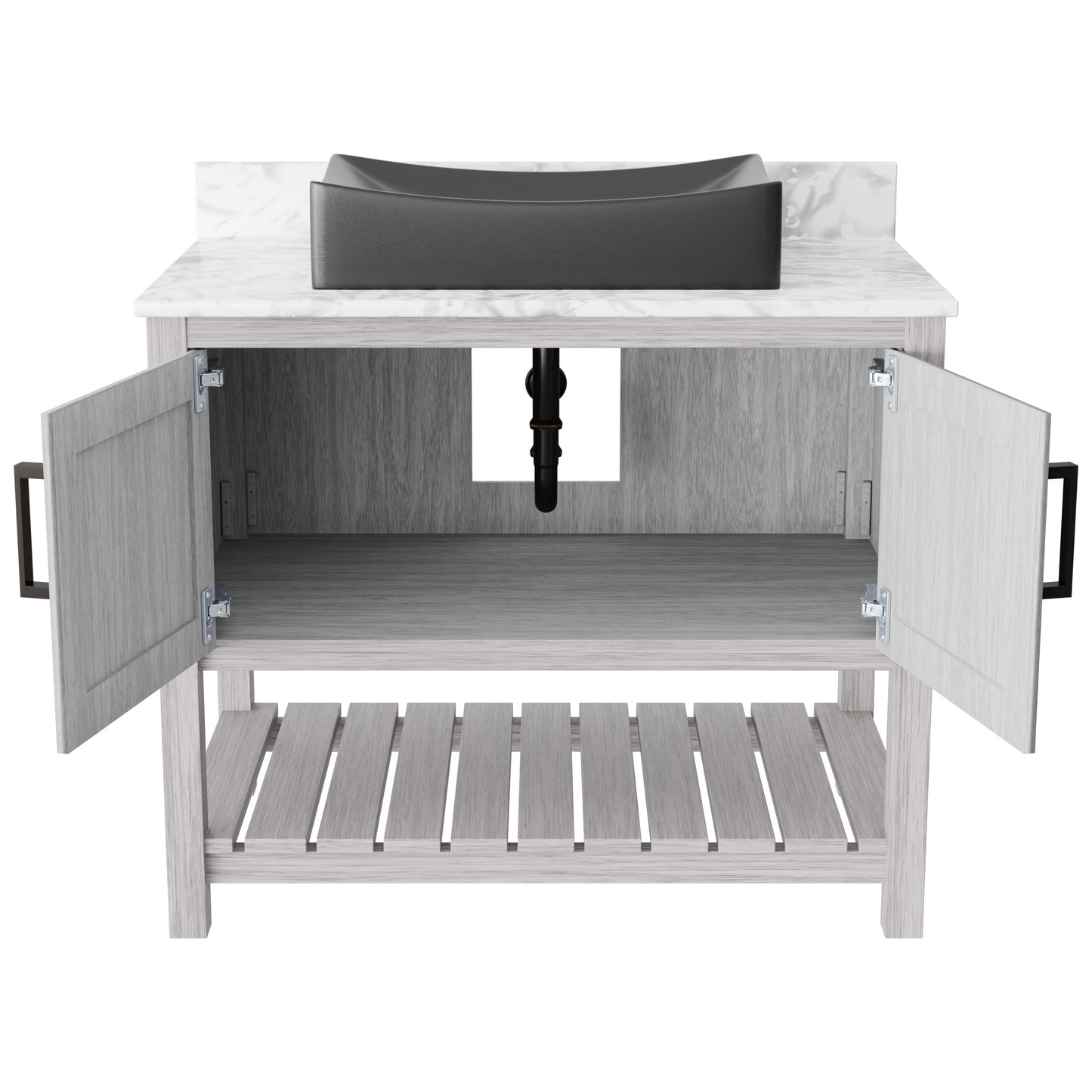 Novatto 36-inch bathroom vanity with Carrara white marble counter and sink, featuring sleek, modern design and natural stone surface.