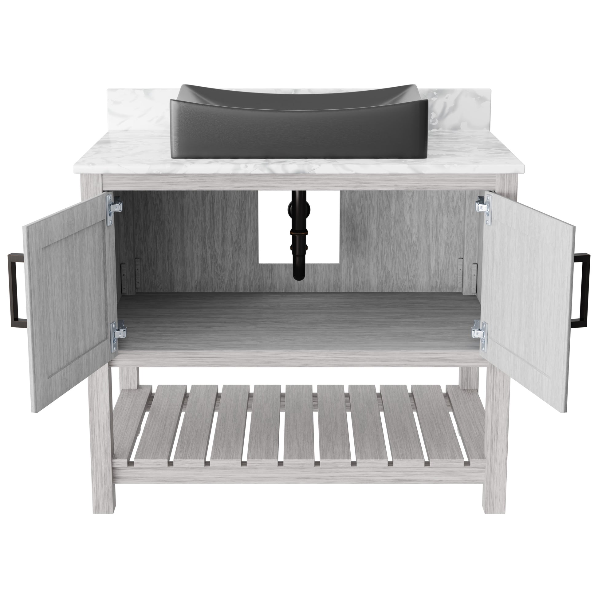 Novatto 36-inch bathroom vanity with Carrara white marble counter and sink, featuring sleek, modern design and natural stone surface.
