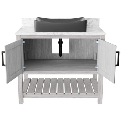 Novatto 36-inch bathroom vanity with Carrara white marble counter and sink, featuring sleek, modern design and natural stone surface.
