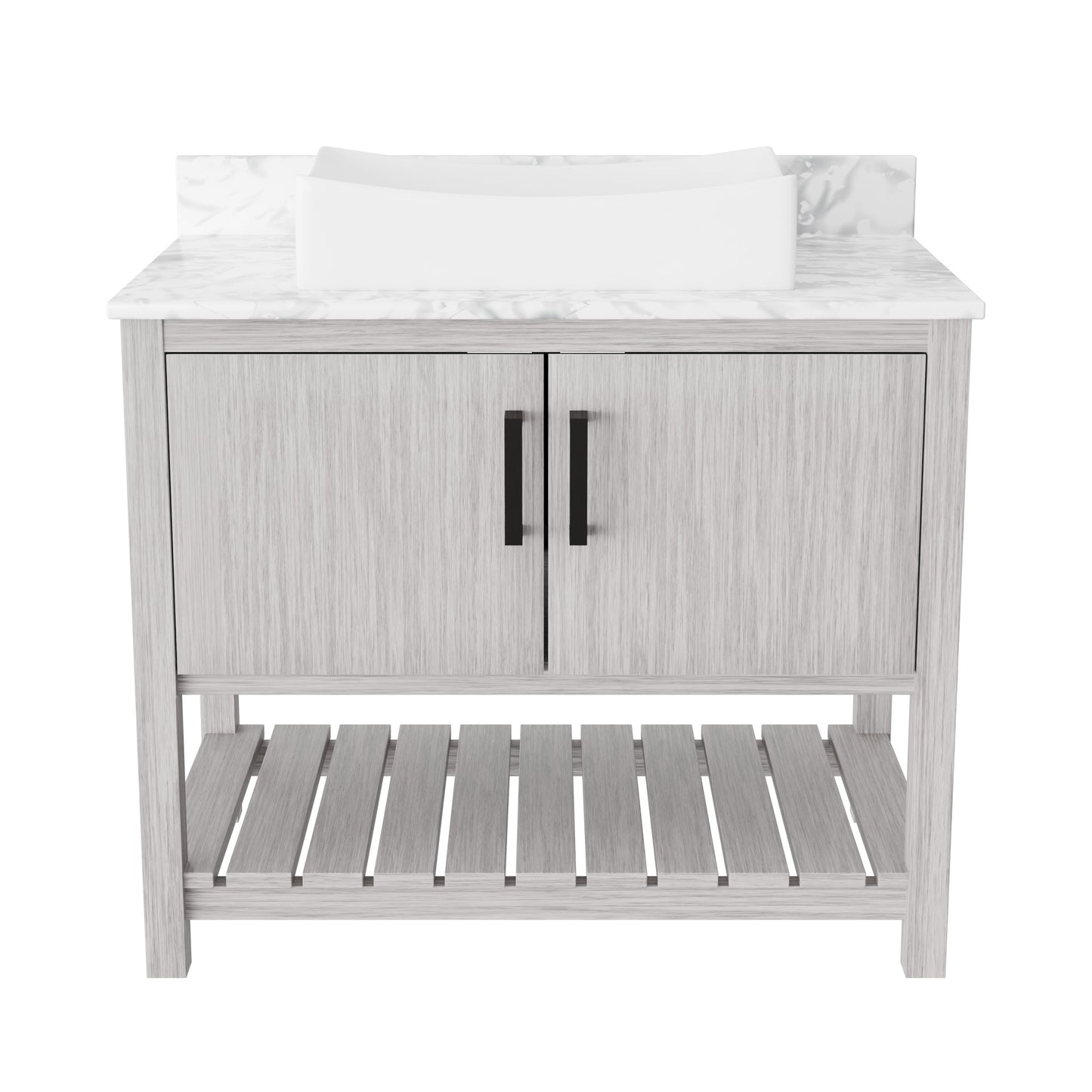 Novatto 36-inch bath vanity with Carrara white marble countertop and sink, showcasing sleek modern bathroom accessory design.