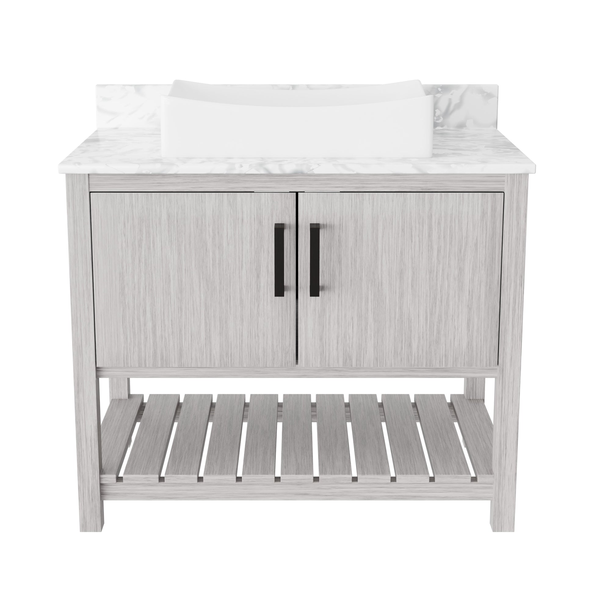 Novatto 36-inch bath vanity with Carrara white marble countertop and sink, showcasing sleek modern bathroom accessory design.