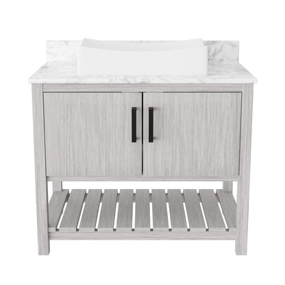 Novatto 36-inch bath vanity with Carrara white marble countertop and sink, showcasing sleek modern bathroom accessory design.