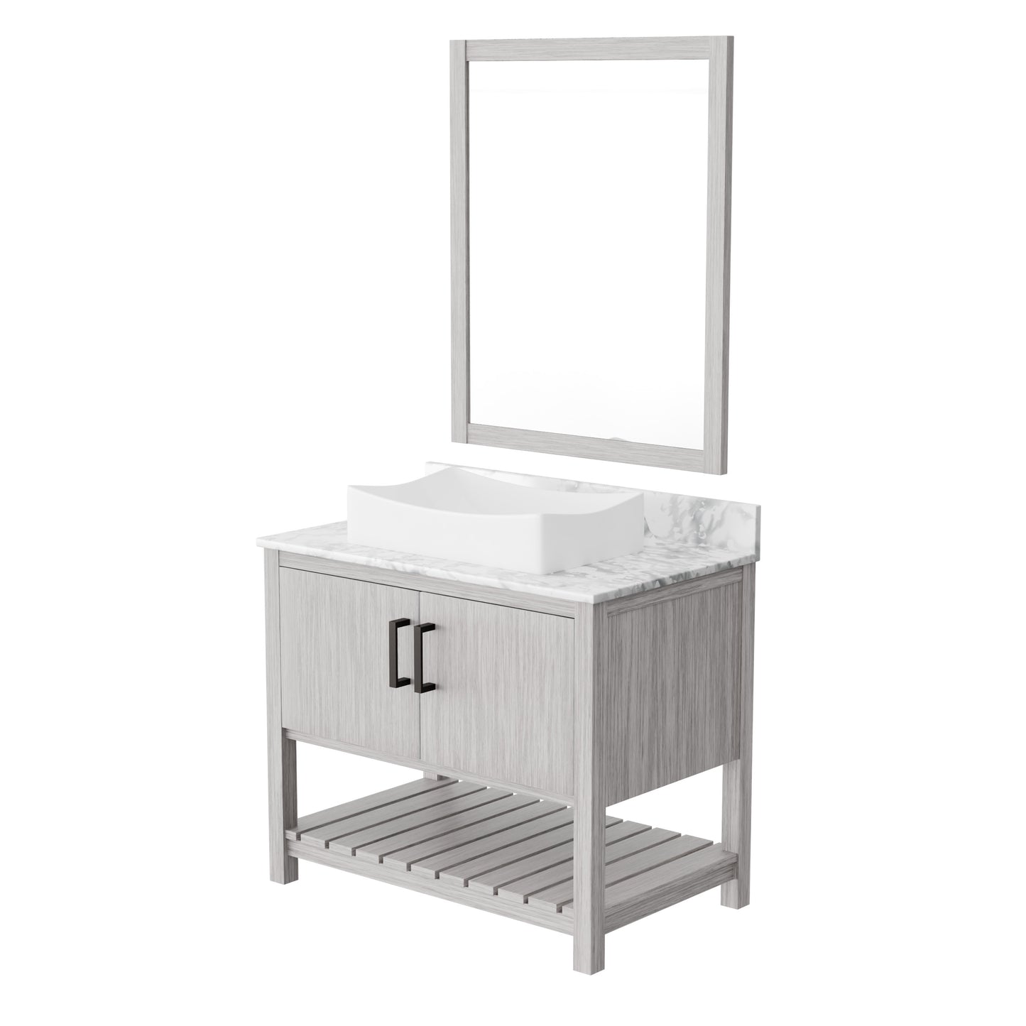 36-inch Novatto bath vanity with Carrara white marble countertop and integrated sink, showcasing sleek modern design.