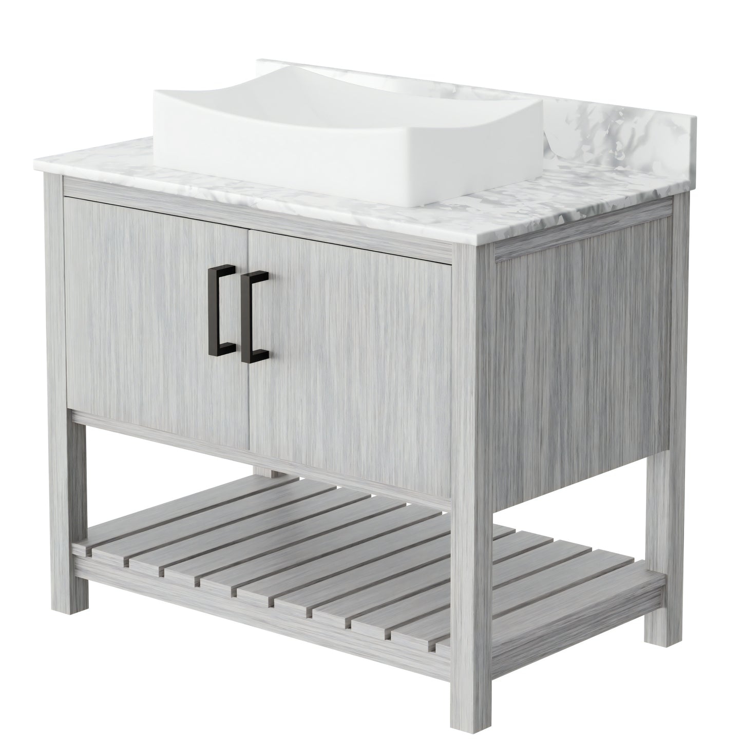36-inch Novatto bath vanity with Carrara white marble countertop and integrated sink, showcasing sleek bathroom accessory design.