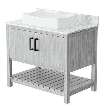 36-inch Novatto bath vanity with Carrara white marble countertop and integrated sink, showcasing sleek bathroom accessory design.