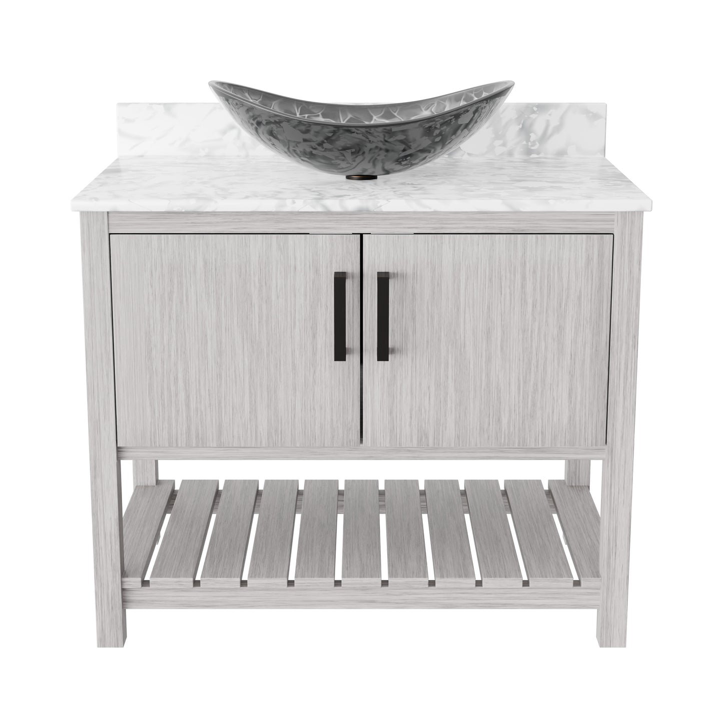 36-inch Novatto bath vanity with Carrara white marble countertop and sink, showcasing elegant bathroom accessory design