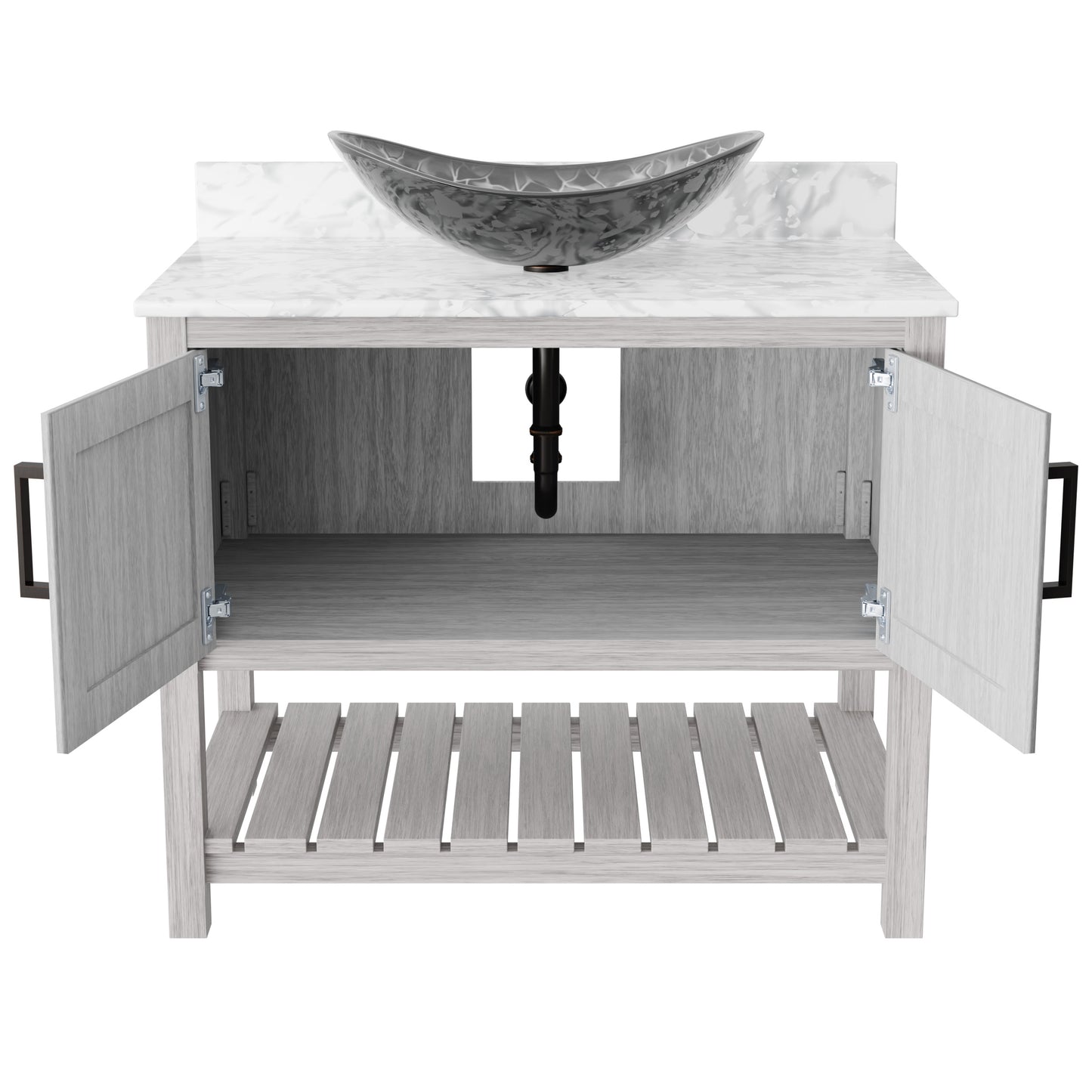 Novatto 36-inch bath vanity with Carrara white marble countertop and integrated sink, showcasing elegant bathroom accessory design.