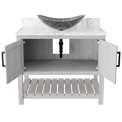 Novatto 36-inch bath vanity with Carrara white marble countertop and integrated sink, showcasing elegant bathroom accessory design.
