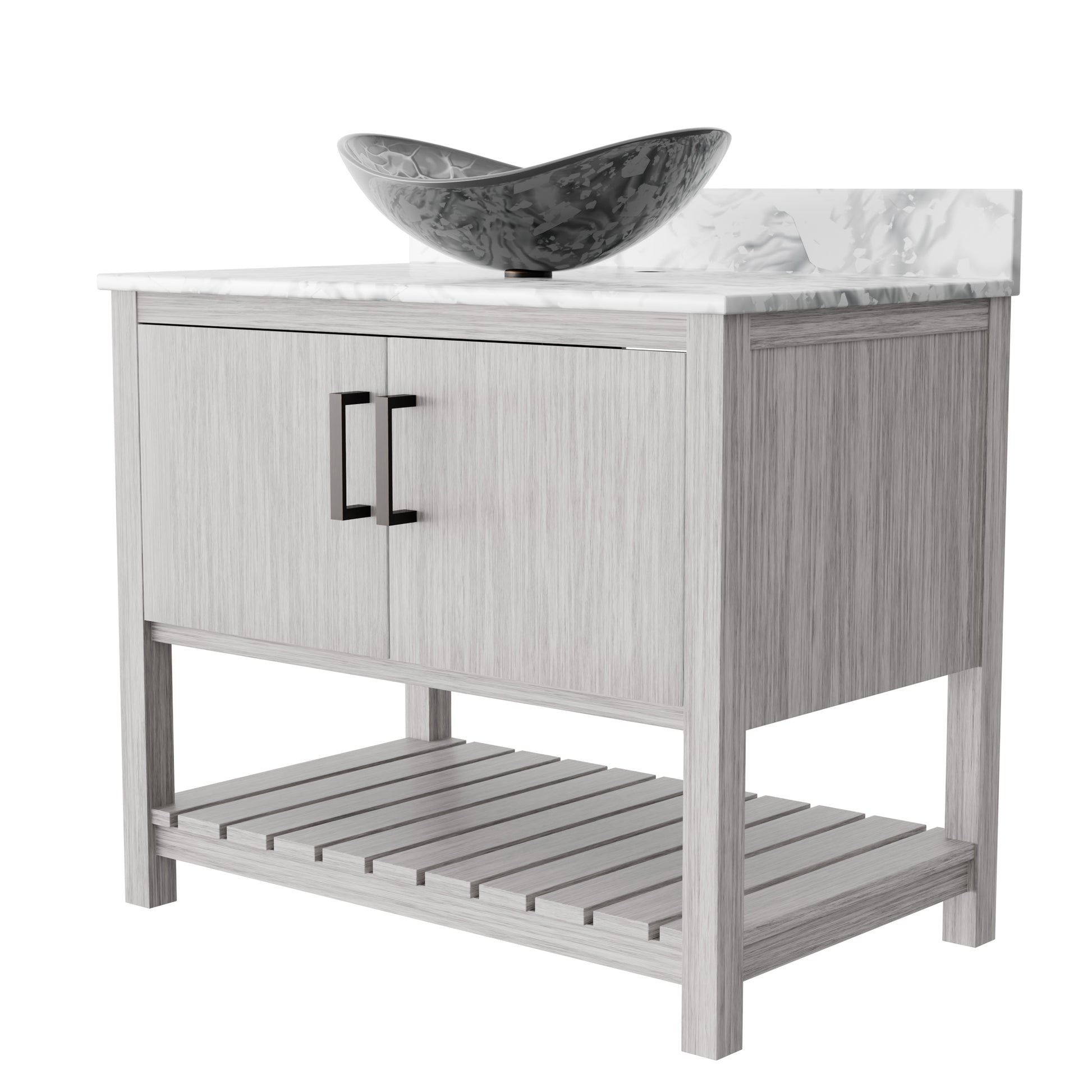 36-inch Novatto bath vanity with Carrara white marble counter and integrated sink, modern bathroom accessory design