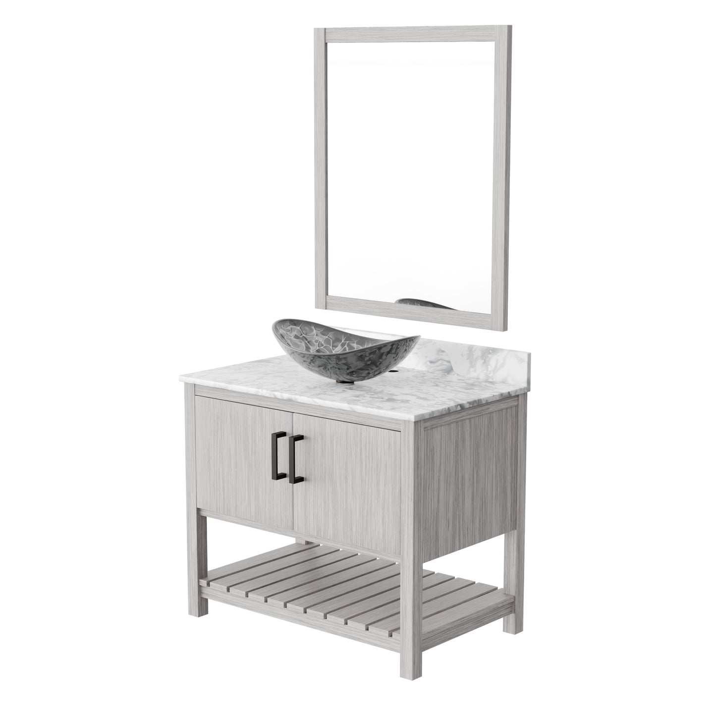 Novatto 36-inch bath vanity with Carrara white marble countertop and integrated sink, modern bathroom accessory.