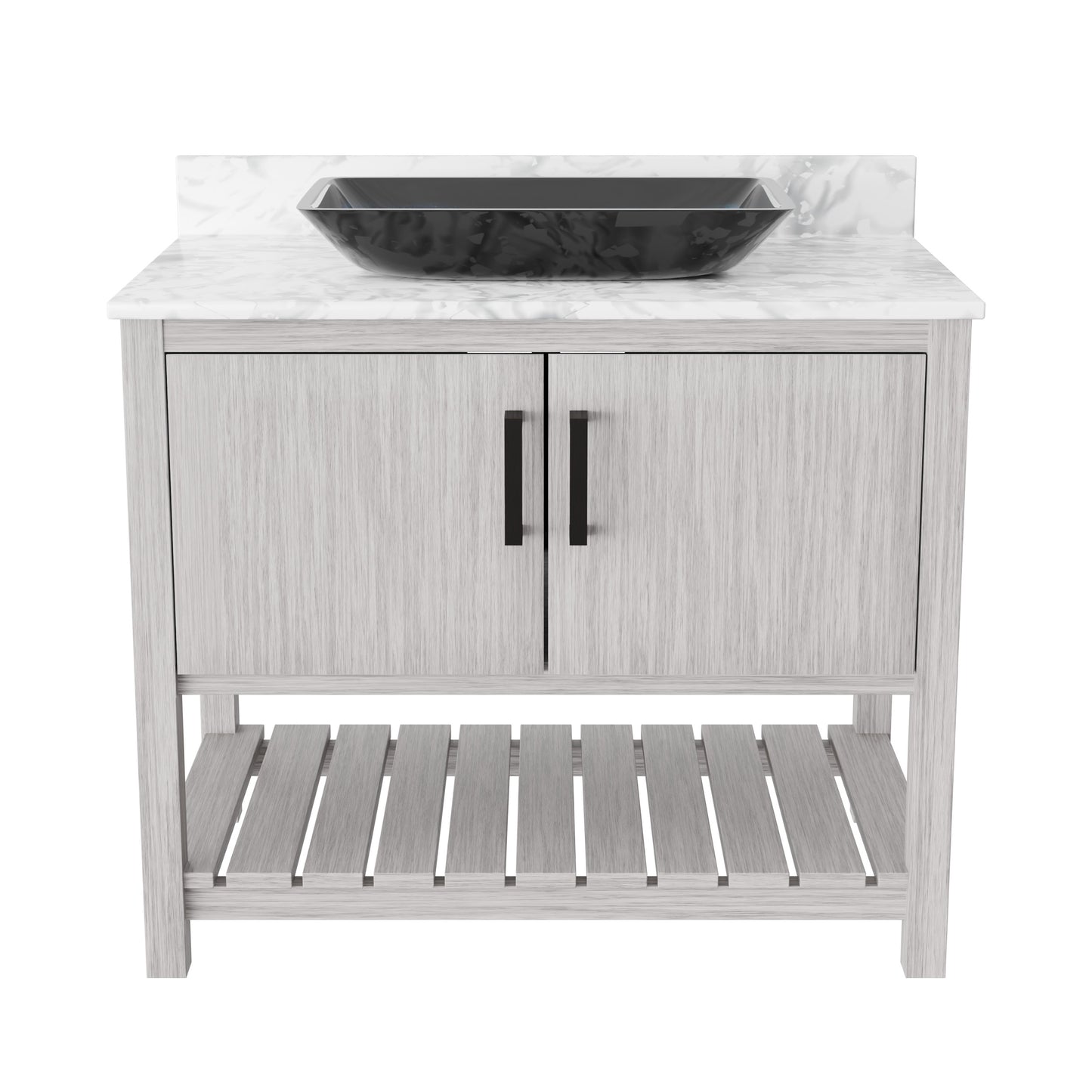 Novatto 36-inch bath vanity with Carrara white marble countertop and sink, showcasing modern bathroom accessory design.