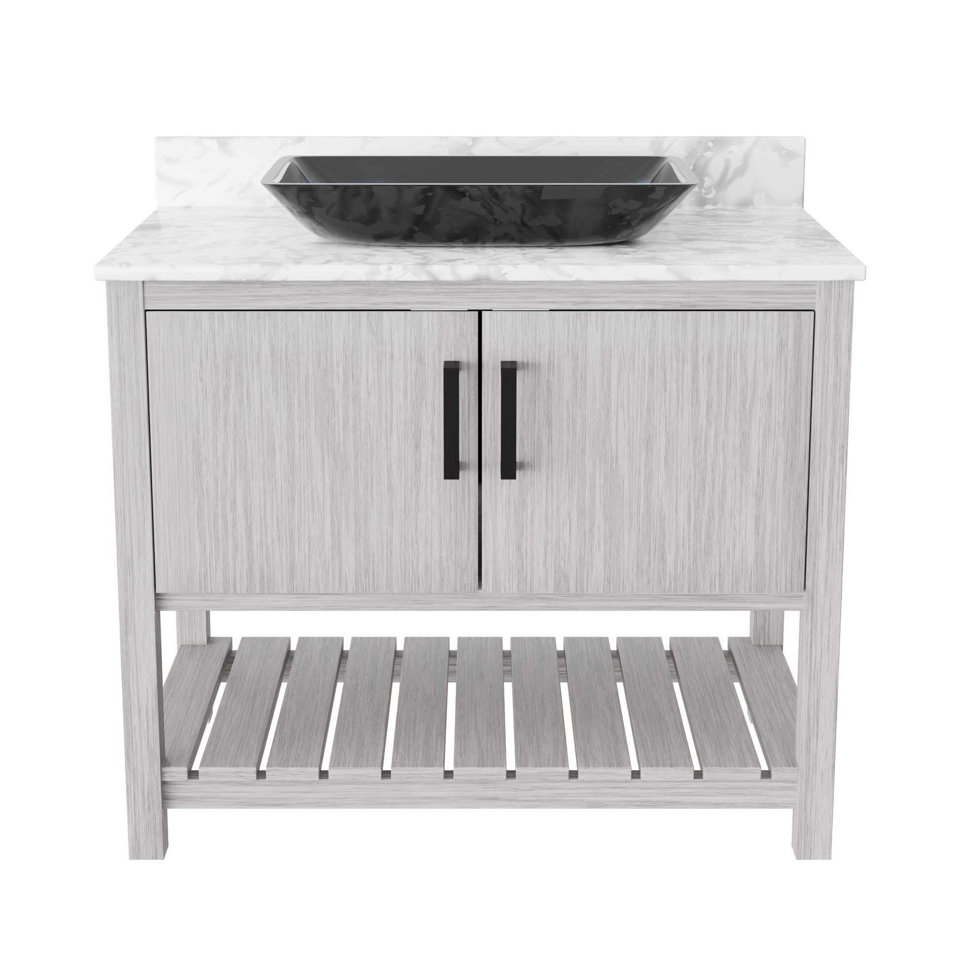 Novatto 36-inch bath vanity with Carrara white marble countertop and sink, showcasing modern bathroom accessory design.