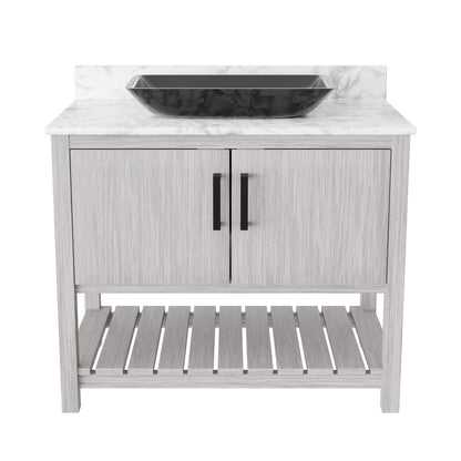 Novatto 36-inch bath vanity with Carrara white marble countertop and sink, showcasing modern bathroom accessory design.