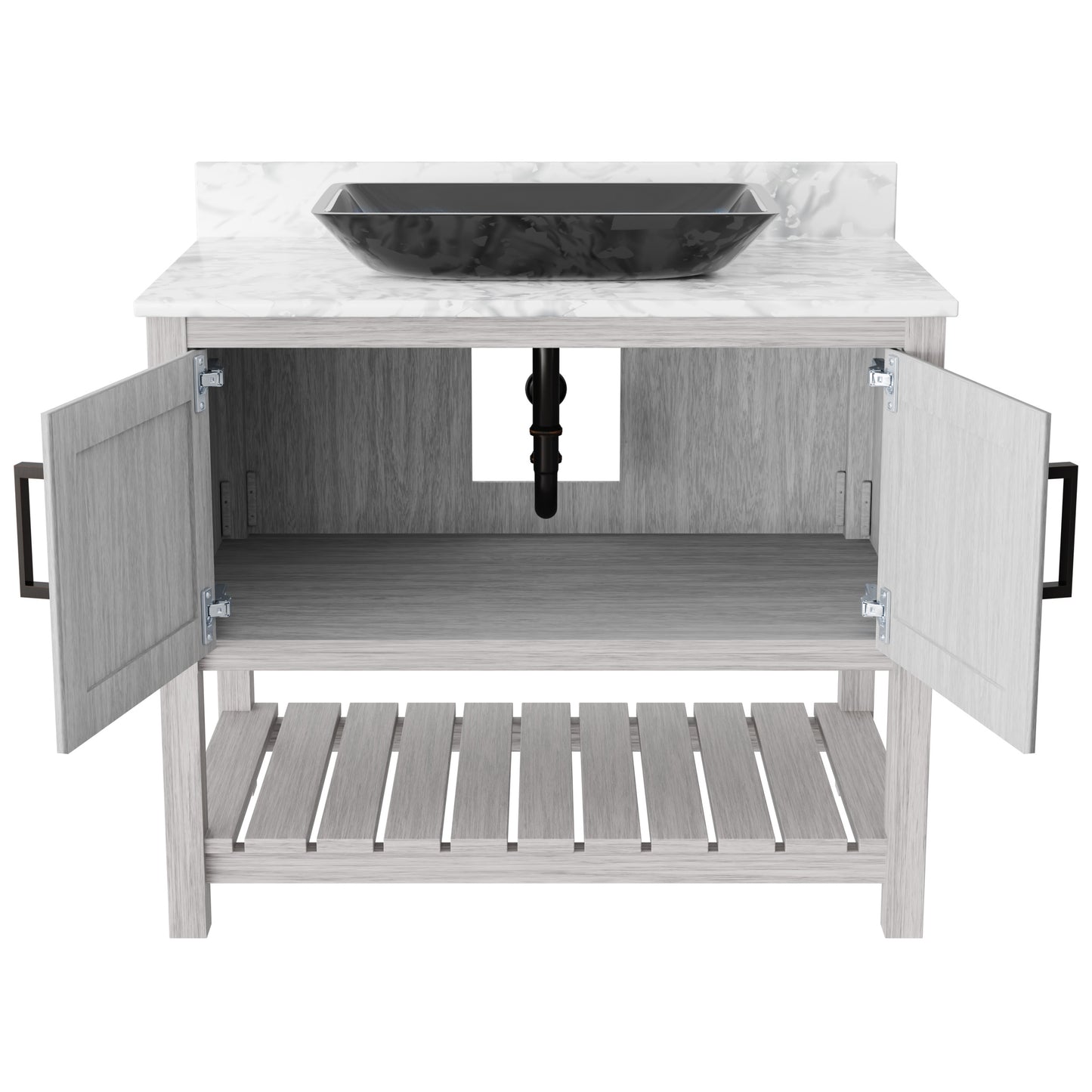 36-inch Novatto bath vanity with Carrara white marble countertop and sink, showcasing elegant bathroom accessory design