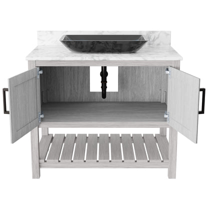 36-inch Novatto bath vanity with Carrara white marble countertop and sink, showcasing elegant bathroom accessory design