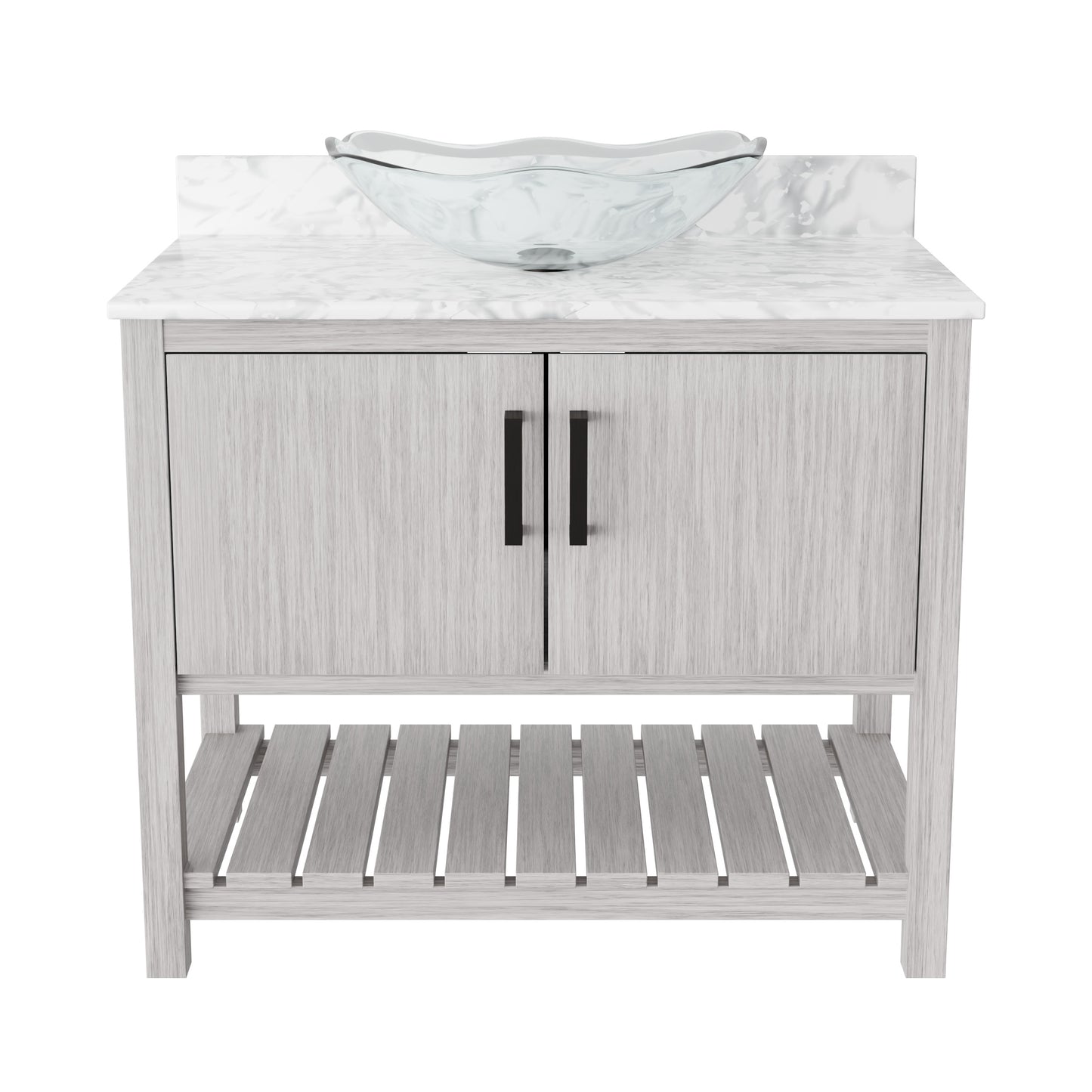 Novatto 36-inch bath vanity with Carrara white marble counter and sink, showcasing elegant bathroom accessory design.